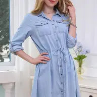 Button Up Denim Chambray Dress With Drawstring