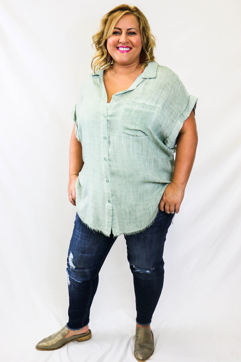 Curvy Dusty Mint Linen Button Up with Frayed Hemline