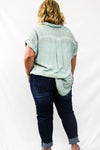 Curvy Dusty Mint Linen Button Up with Frayed Hemline