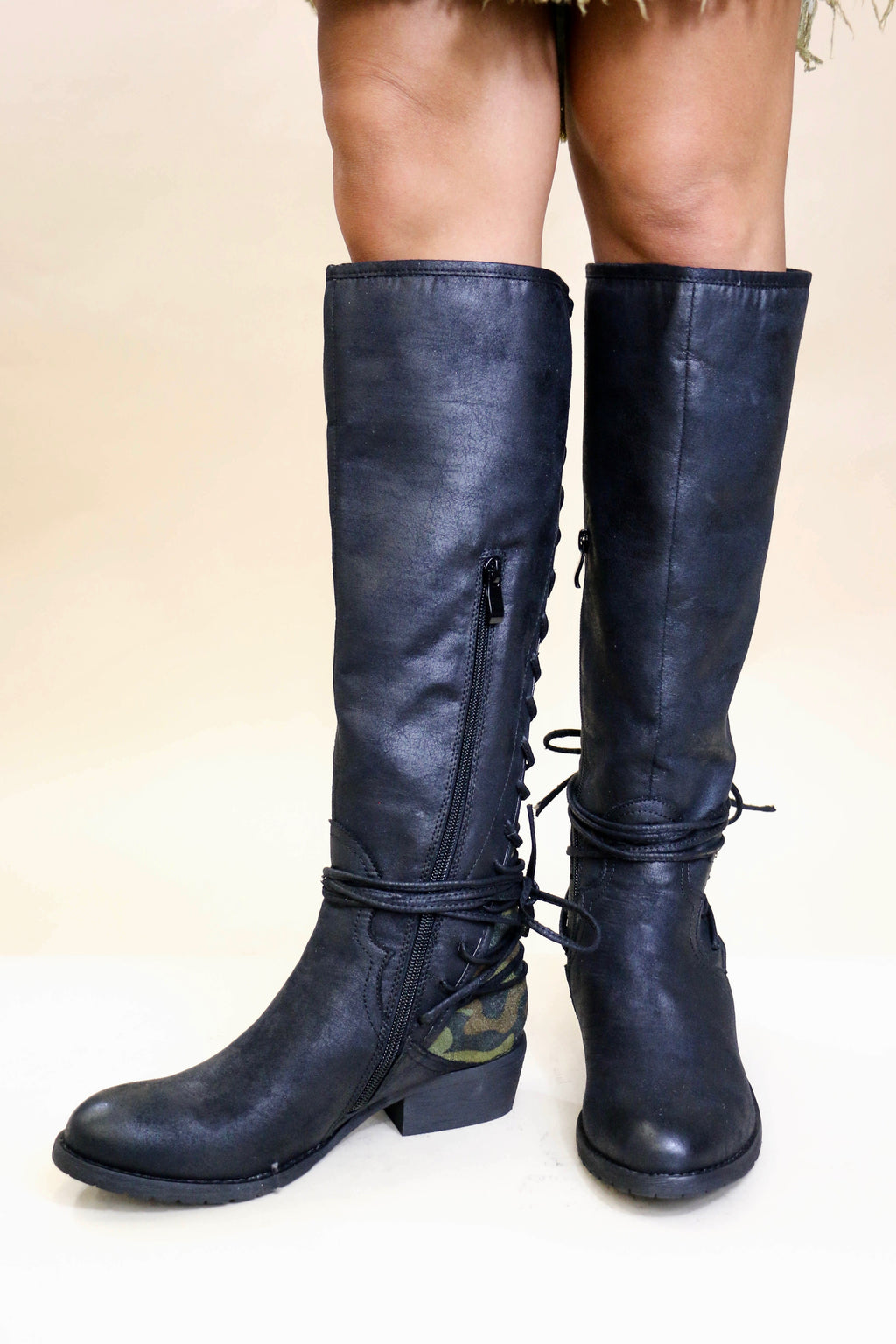 Very Volatile Lace Up Tall Black Boots with Camo Accent