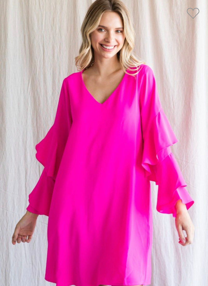Hot pink dress with ruffle sleeves